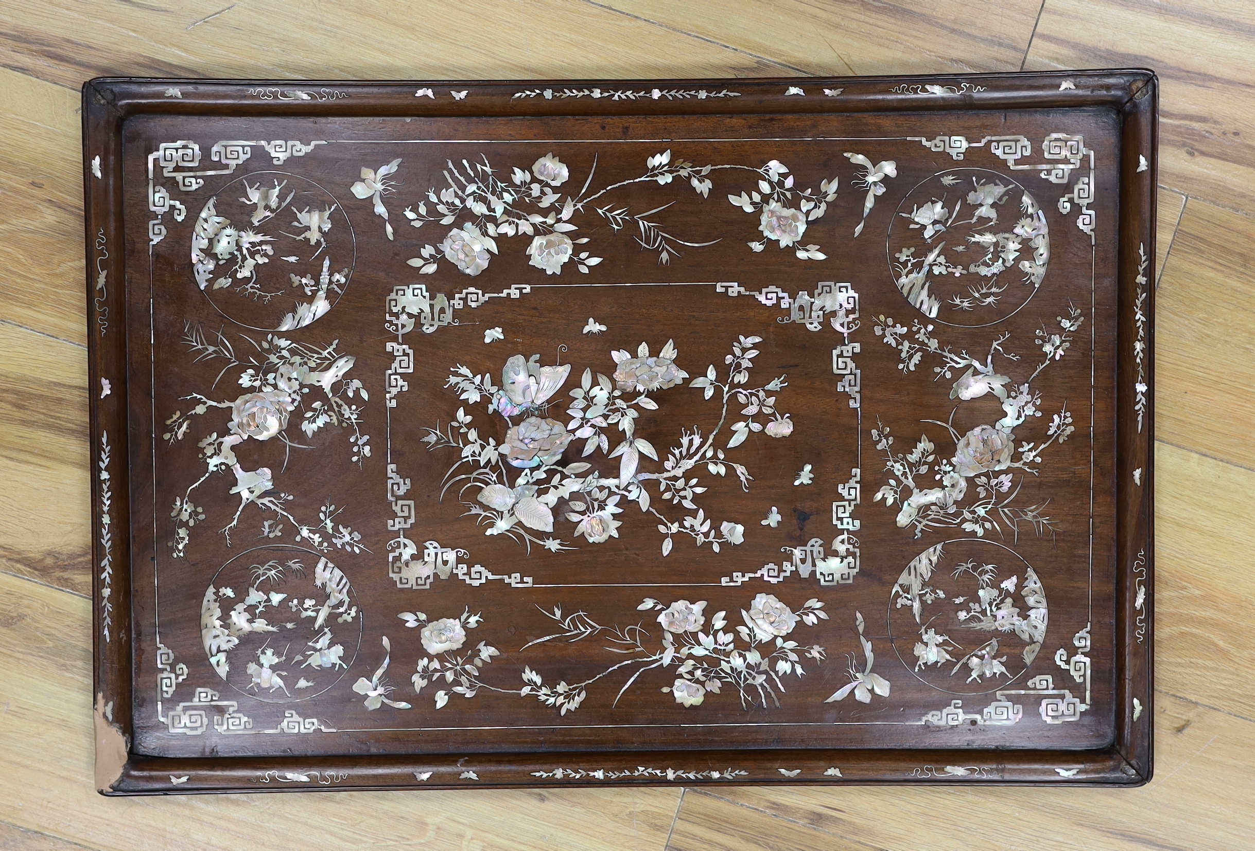 A Chinese mother of pearl inlaid hongmu tray, 47x70cm
